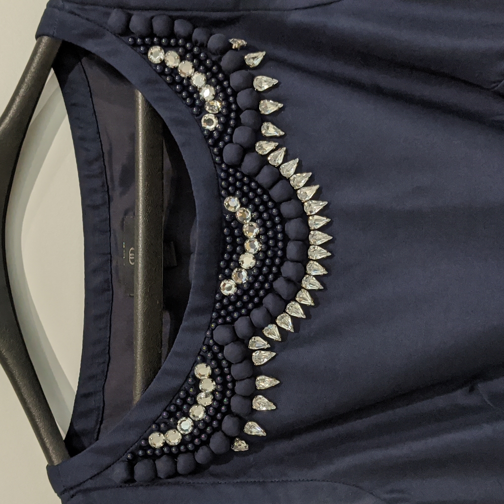 Banana Republic embellished neckline, navy satin, lined A-line dress, size 4
